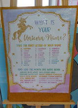 "Whats your unicorn name" Game board hire